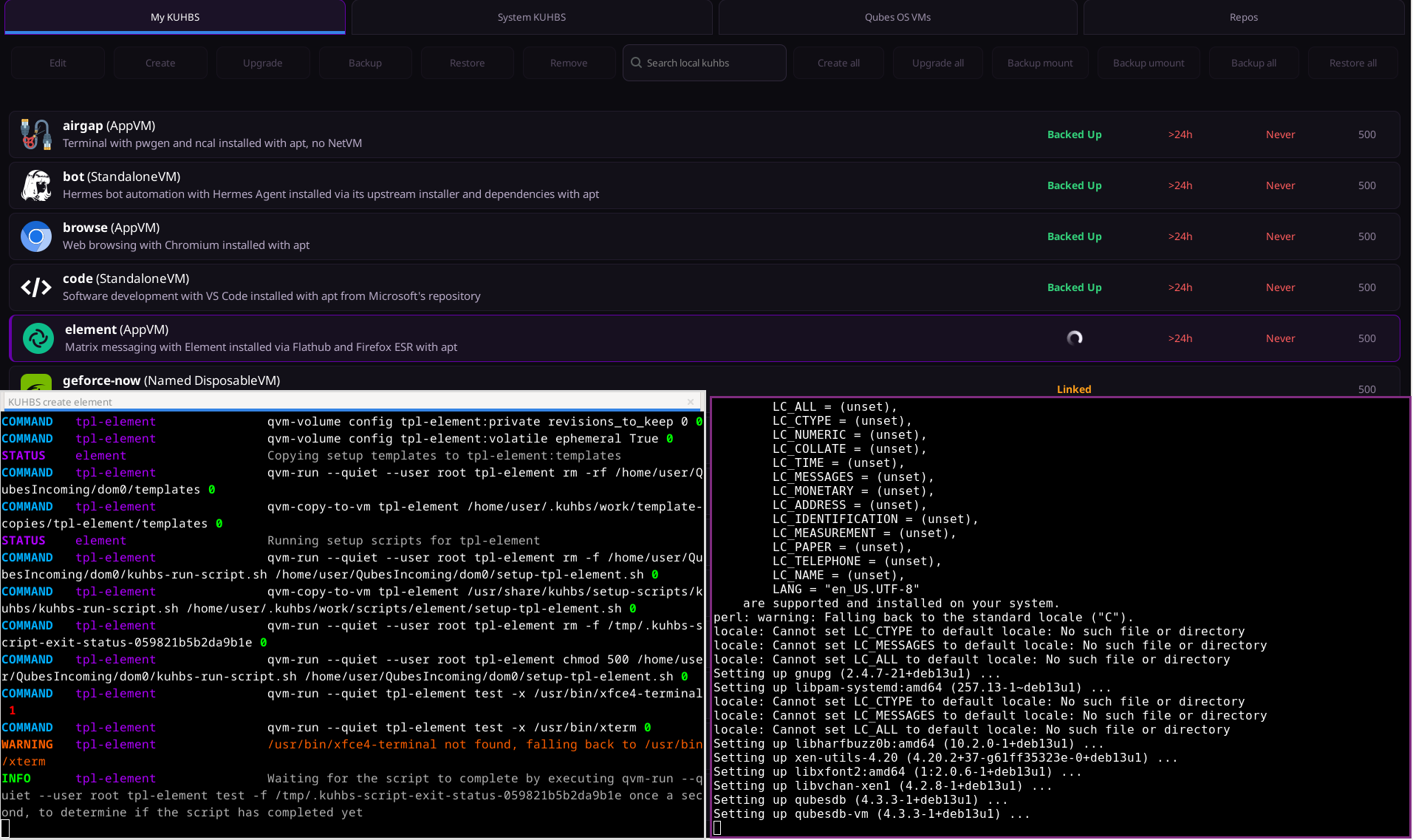 The KUHBS My KUHBS tab while an Element app setup runs in terminal windows